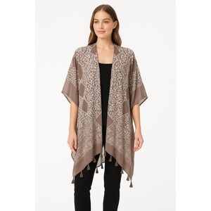 Breezy Lane Brown & White Patterned Tassel Flowy Sleeveless Open Front Kimono OS